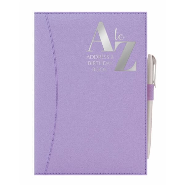 A5 Purple Telephone Address Book with A-Z Index - Hardback PU Leather Cover with Pen